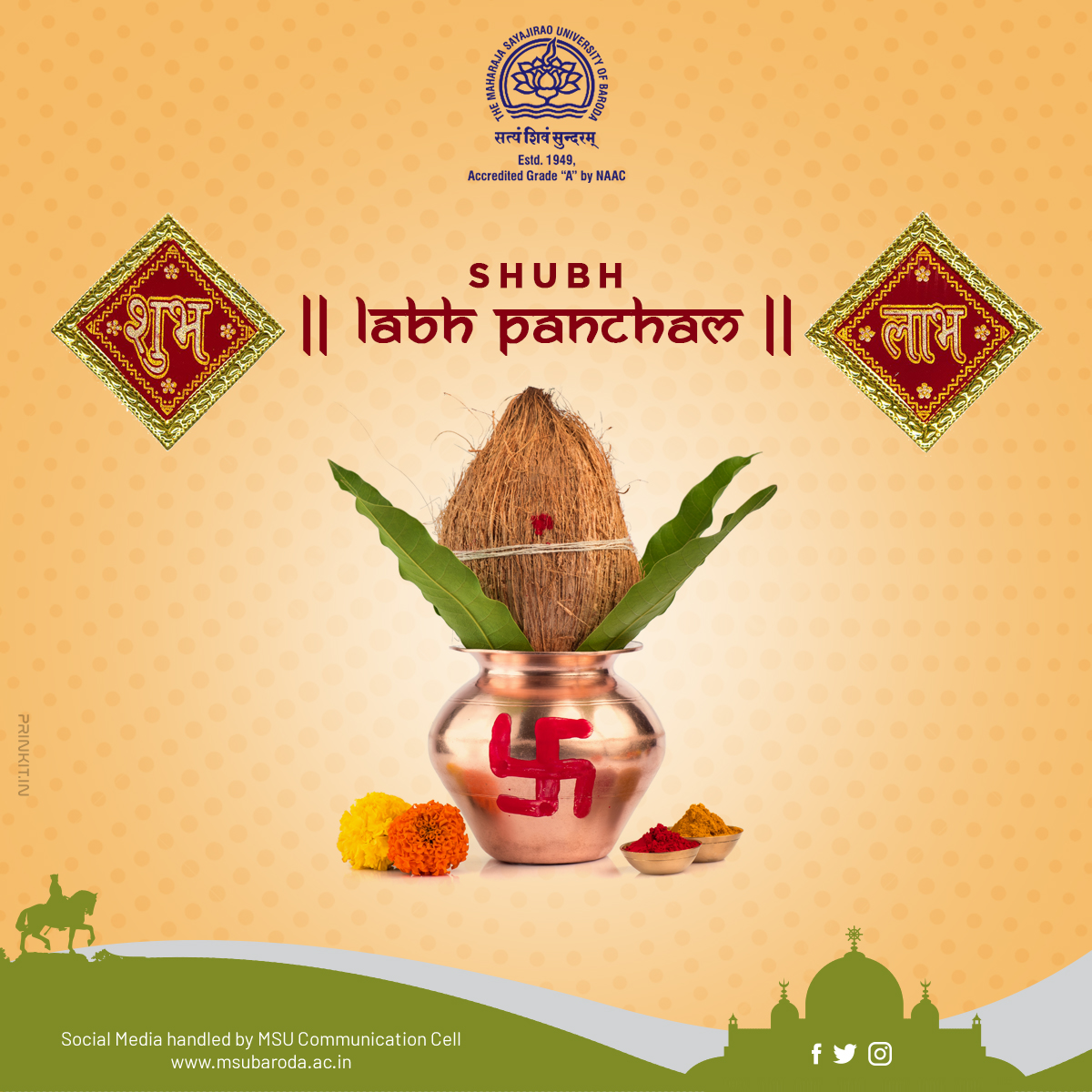 Themsubaroda's tweet photo. Begin the new journey into the world of business with great positivity. It’s time for new beginnings and new achievements.
The Maharaja Sayajirao University of Baroda wishes you on Labh Pacham to all.
#subhlabhpacham #newyear
#themsubaroda #BARODA https://t.co/0U6ppJCHRS