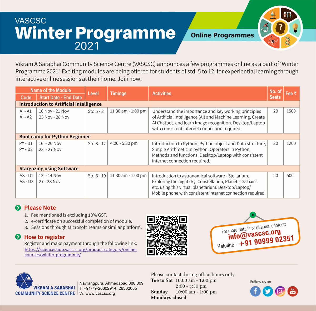 VASCSC is offering exciting new courses in WINTER PROGRAMME 2021. Both in-person and online mode.
Register now!
#winterfun #scienceisfun #scienceactivity #handsonlearning