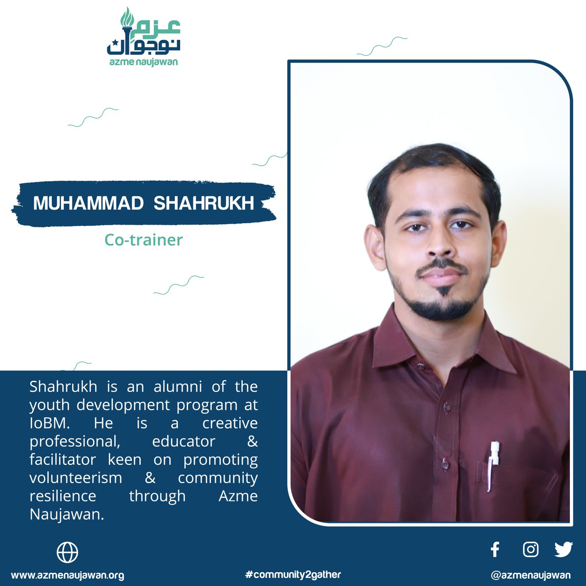 AzmeNaujawan's tweet photo. Meet the force of Azme Naujawan who works within the communities. Introducing Muhammad Shahrukh who is a motivated young professional himself. 

#AzmeNaujawan #AeN #Community2Gather https://t.co/SzMuSWMN65