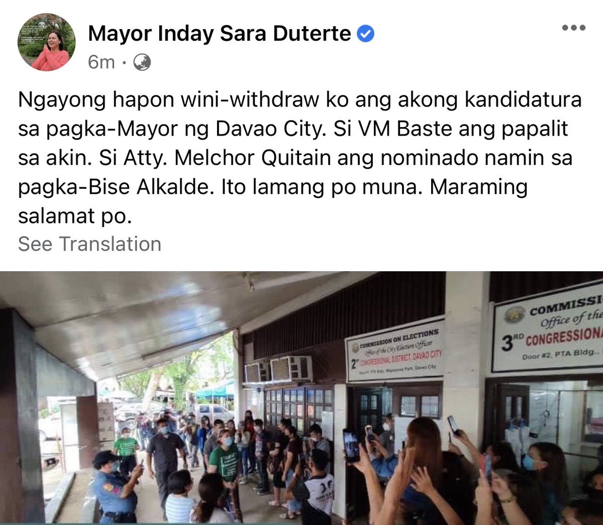 In official Facebook post, Davao City Mayor Sara Duterte withdraws candidacy for mayor; brother Sebastian will replace her <a href="/gmanews/">GMA News</a>