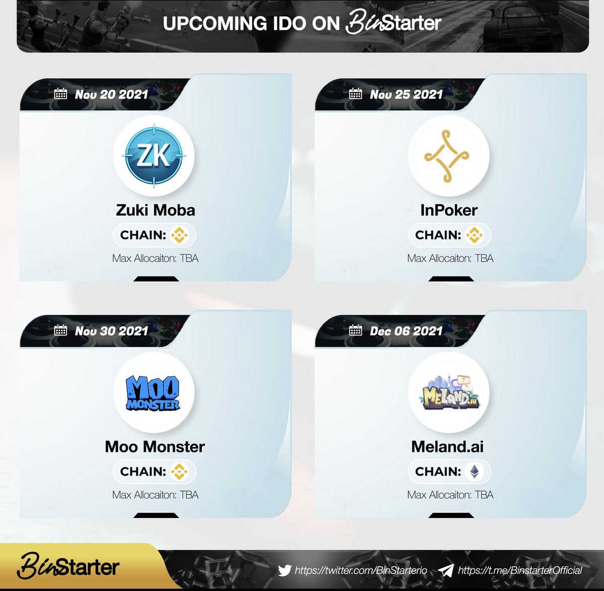 WealthMotley's tweet photo. These Upcoming IDOs on @BinStarterio are on fire!!!!
Back to back awesome projects! Commoonnn!!!

@ZukiMoba
 IDO: 20th November 2021
@influencerpoker
 IDO: 25th November 2021
@MooMonsterNFT
 IDO: 30th November 2021
@meland_ai
 IDO: 6th December 2021 https://t.co/OxATPJjNCG