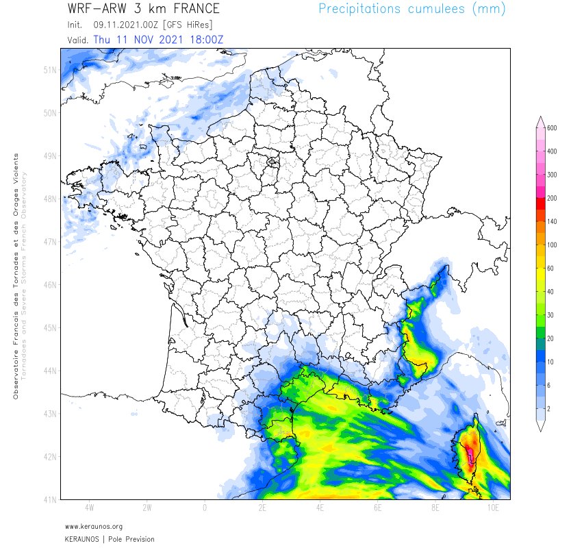Une goutte froide en Méditerranée va occasionner des pluies parfois fortes sur la #Corse notamment où de forts cumuls sont prévus sur le relief oriental ces prochaines 48h. 