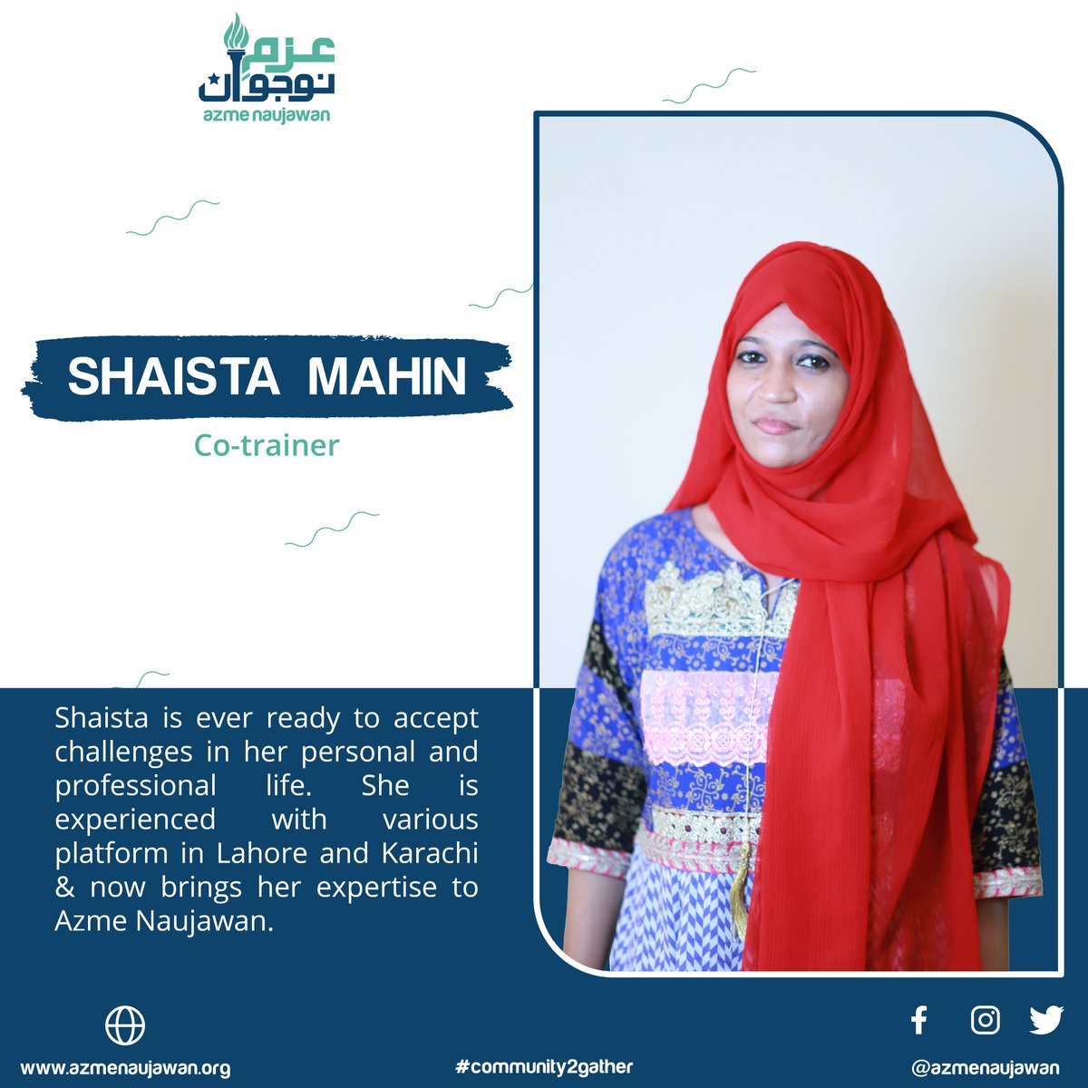 AzmeNaujawan's tweet photo. Meet the force of Azme Naujawan who works within the communities. Introducing Shahista Mahin who tries to grow through what she goes through. She enjoys taking up challenges in her personal &amp; professional life.

#AzmeNaujawan #AeN #Community2Gather https://t.co/SCqcyGh5Zz