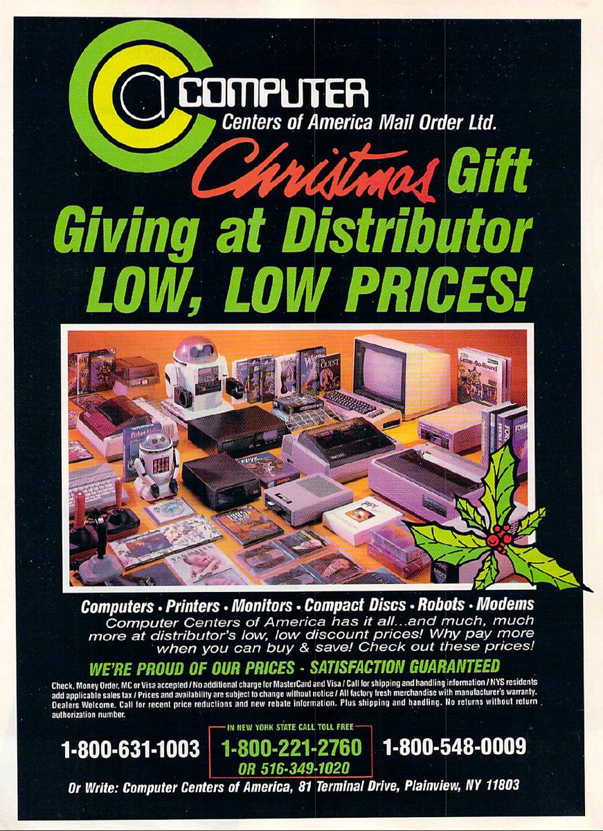 TakodanTweets's tweet image. November 1985 two page advert for something called #ComputerCentersOfAmericaMailOrder showing what they sell #Commodore #Datasoft #Activision #Epyx #Tomy