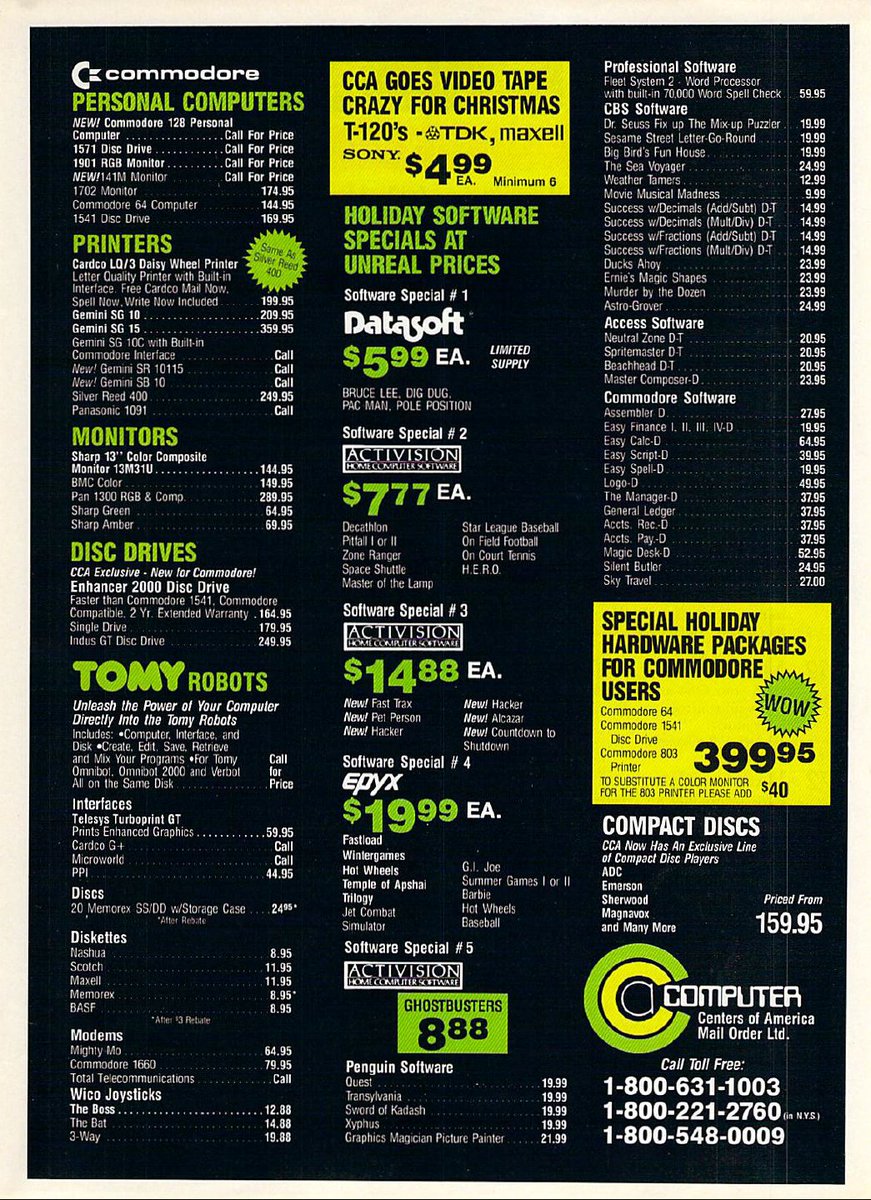TakodanTweets's tweet image. November 1985 two page advert for something called #ComputerCentersOfAmericaMailOrder showing what they sell #Commodore #Datasoft #Activision #Epyx #Tomy