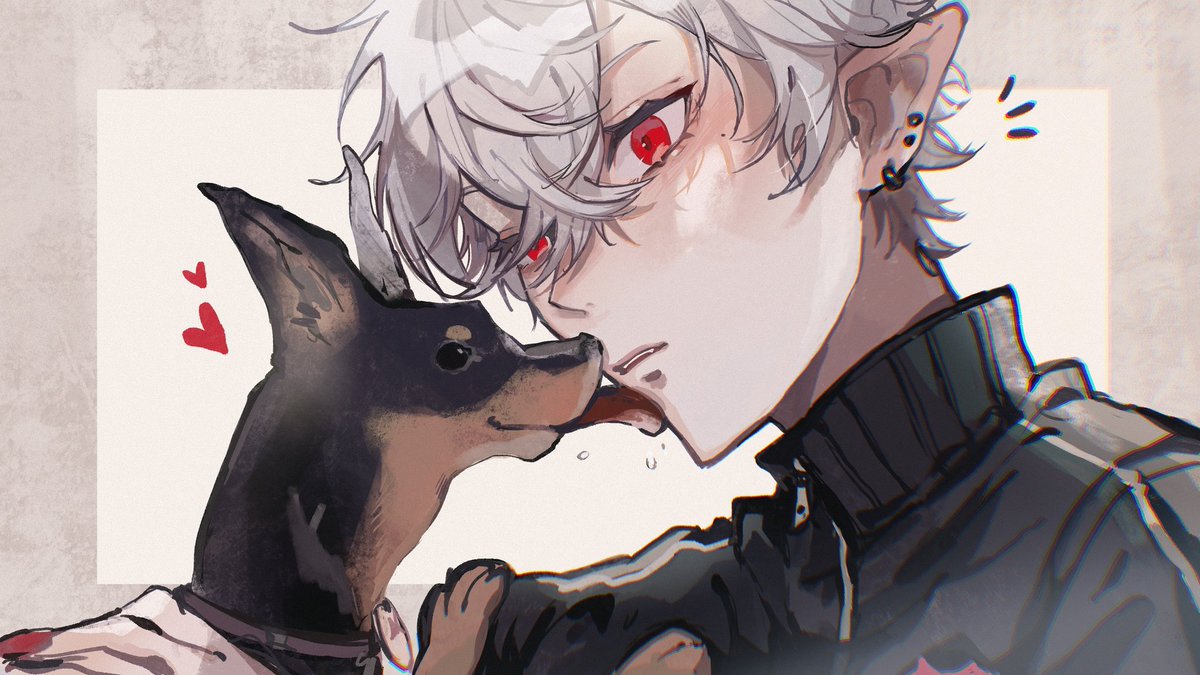 kuzuha (nijisanji) 1boy male focus red eyes pointy ears dog jacket heart  illustration images