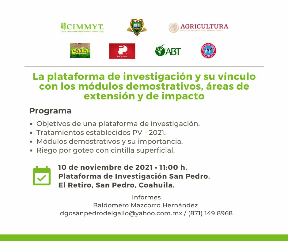 🌱Las plataformas de investigación agrícola generan conocimiento que el productor puede replicar. Si vives en San Pedro, #Coahuila, te invitamos a conocer esta instalación y a participar en nuestra próxima actividad. 

🗓️ 10 de noviembre, 2021.
🕚 11:00 h.
🗣️ Informes: <a href="/_mazcorro/">BALDOMERO  MAZCORRO </a>