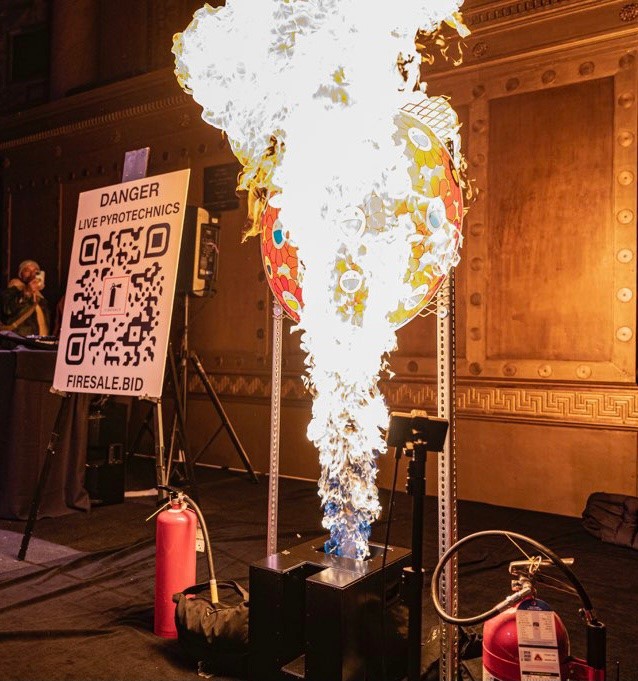 meldcc's tweet photo. Murakami's Flower ball burned live on stage at https://t.co/GCaMDWqlHL as part of new NFT Auction Series..

Thoughts?

#NFTNYC #NFT #virtualvsphysical #burningart #valueproposition #tobeornotobe #NFTart #NFTperformance #NFTism #crypto
@takashipom @nftNYc https://t.co/gbpYkzl3eM
