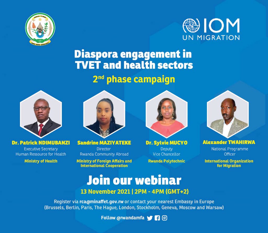 RwandaMFA's tweet photo. You are a Rwandan living in Europe, you have skills in the TVET or Health sector and you want to contribute to Rwanda’s development? Don’t miss our info session this saturday 13 November from 2-4pm (GMT+2) #RwOT https://t.co/TQiccZOIFR