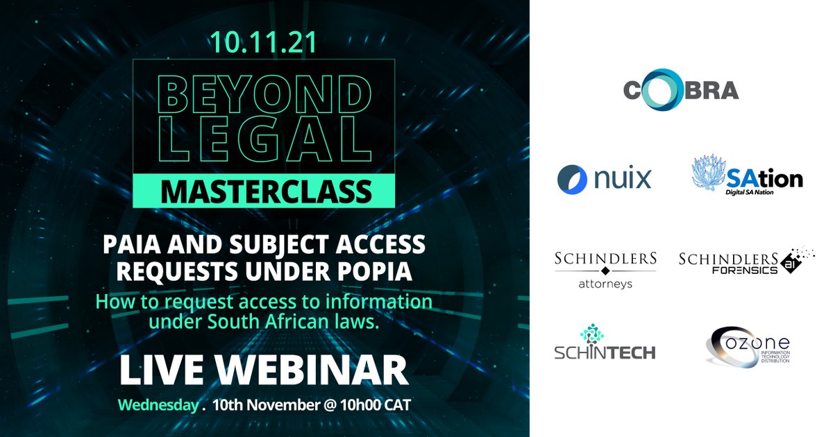 Don’t forget to join us TOMORROW for our second Beyond Legal Masterclass. 

LIVE on 10 November @ 10h00 CAT.

Registration is FREE, please follow this link: zcu.io/g5om 

#schintech #schindlersforensicsai #nuix #ozone #POPIA #PAIA  #forenics #forensicsciences #AI