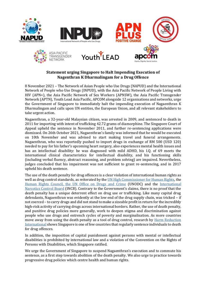 WeAreAPTN's tweet photo. [Join Statement] @apnplus together with @apnsw , @WeAreAPTN, @YouthLEADAP_ , @apcom  and #NAPUD alongside with 12 networks and organization joined with #INPUD to release a joint statement the Government of Singapore https://t.co/vNJGNwRrXH to immediately halt.. https://t.co/g60swL7Jqx