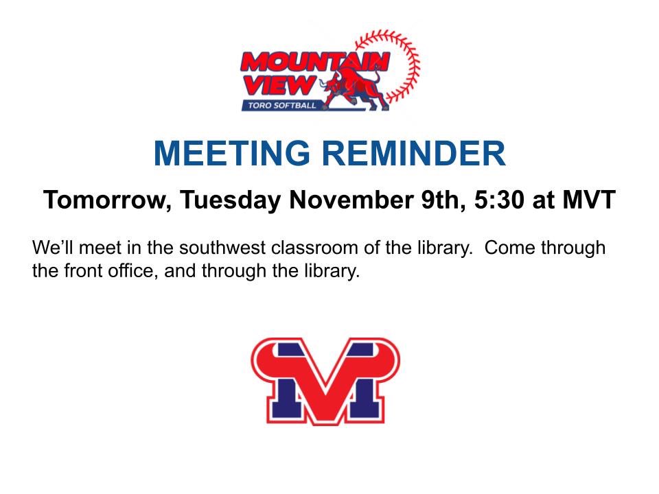 MVToro_Softball's tweet photo. Come one, come all. Tell a neighbor, tell a friend. Toro Softball meeting Tuesday 11/9 🥎🥎 #ToroSoftball #ToroStrong @MVTOROS_AD @olivermikeaz @MVTBoosters https://t.co/r32HzJbODR