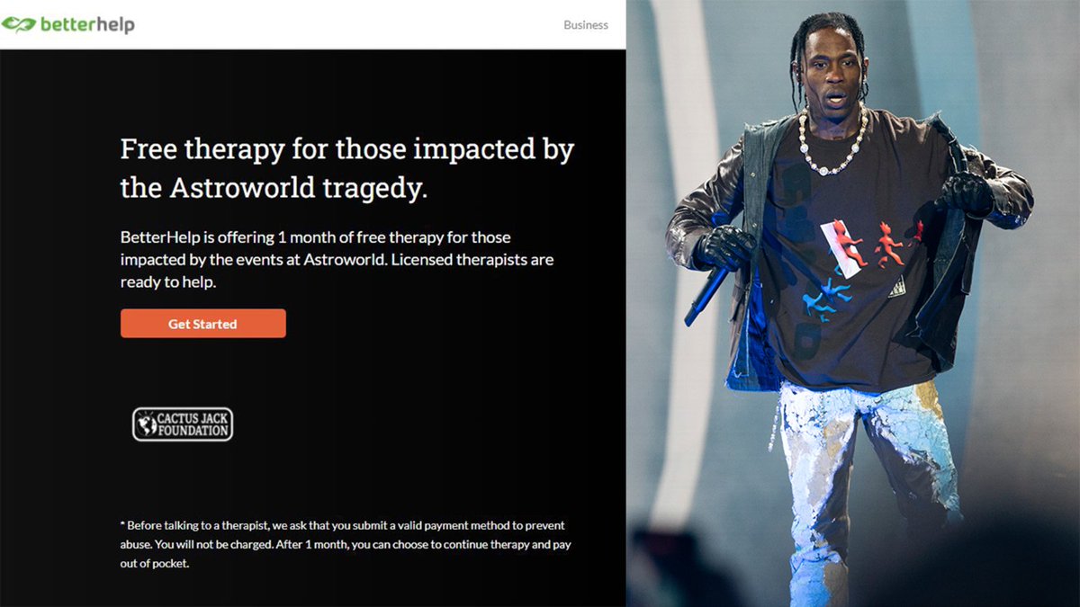 abc7newsbayarea's tweet photo. Travis Scott will cover the funeral costs of the eight victims who died at Astroworld Festival, according to BetterHelp, a therapy service. https://t.co/PAWzudkyTY https://t.co/OVTv3KfbK0
