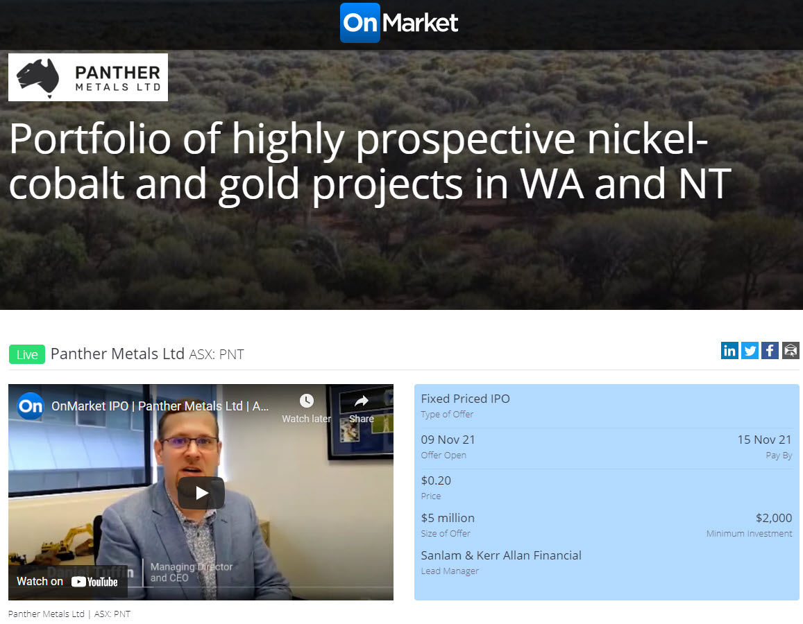 panther_metals's tweet photo. Check out MD Daniel Tuffin's new interview and the great summarization of Panther Metals' projects and the raise details at OnMarket: 
https://t.co/yvC63RxNBQ
#OnMarket #Panther #PNT $PNT #PALM #nickel #gold #cobalt #ASXIPO https://t.co/2Q0vjYcDyA