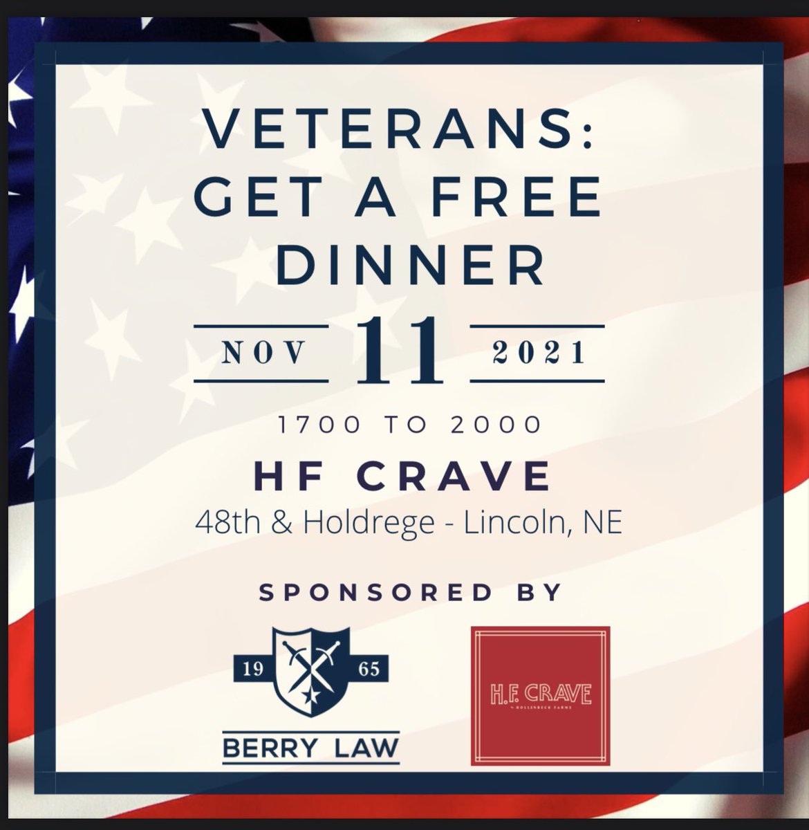 On behalf of Berry Law, we would like to invite all veterans to join us in celebrating Veteran’s Day this Thursday, November 11! Veterans receive a free meal and can enjoy live music by Zac Thomas and Daniel Shelly! 🇺🇸

Lunch: 1100-1400
Dinner: 1700-2000
