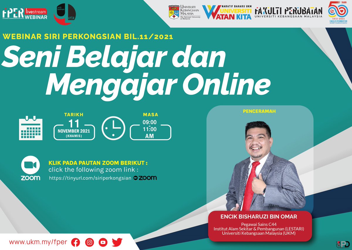 ukm_my's tweet photo. Webinar Siri Pengkosian Bil.11/2021 bertajuk "Seni Belajar &amp; Mengajar Online” yang akan disampaikan oleh En. Bisharuzi Imar, LESTARI UKM.

Bagi yang berminat, pendaftarai secara dalam talian di https://t.co/kradKwzwDd.

#UKMWebinar #FPer #UKM #UKMSharing https://t.co/3kpgkwaGJF