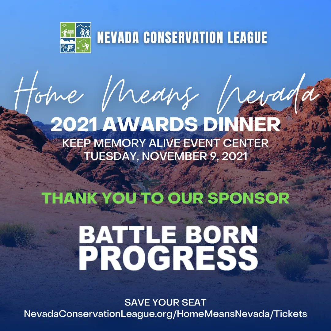 We are grateful to <a href="/BattleBornProg/">Battle Born Progress</a>, a sponsor for our #HomeMeansNevada Awards Dinner! We cannot wait to celebrate the legislative progress made to better protect our climate, air, water, land, and health.

Join the celebration! Nevadaconservationleague.org/HomeMeansNevad…