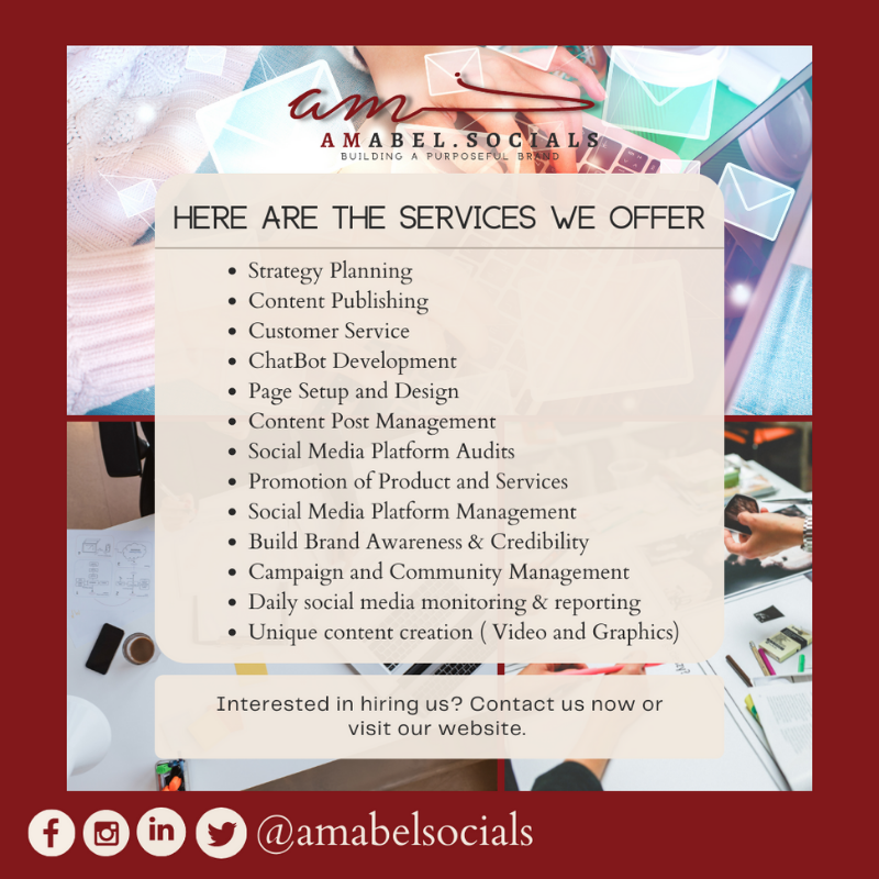 amabelsocials's tweet photo. I want to help your organization achieve its goals. Let me take you to reach new heights! 📈🤩💪 When you need #socialmediamarketing executed with purpose, you need AMabel Socials. I am committed to fulfilling your marketing needs in a way that's tailored to YOUR unique needs 🤩 https://t.co/FwhiM1c0rL