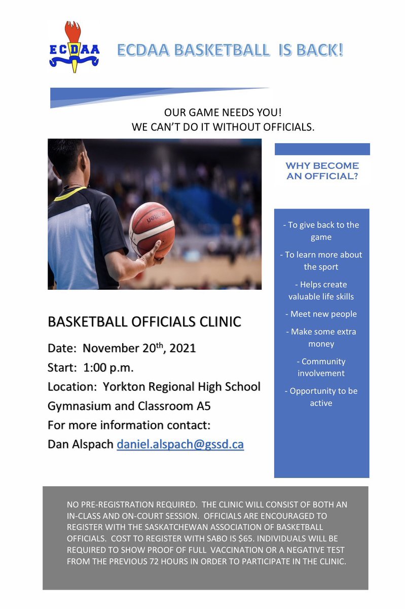 ECDAAsport's tweet photo. BASKETBALL OFFICIALS CLINIC  
Basketball Season is starting soon and our area needs officials.
Date:  November 20th, 2021 
Start:  1:00 p.m.  
Location:  Yorkton Regional High School Gymnasium and Classroom A5 

For more information contact:   
Dan Alspach daniel.alspach@gssd.ca https://t.co/OLu9udk7Qc