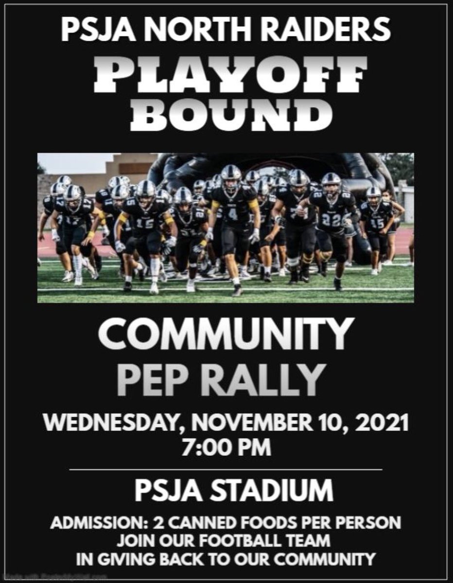 PSJANORTHECHS's tweet photo. Attention Raider Nation!!! Come out and show your support!! 🏈 @PSJAISD #north #Raiders https://t.co/I88ophR2sp