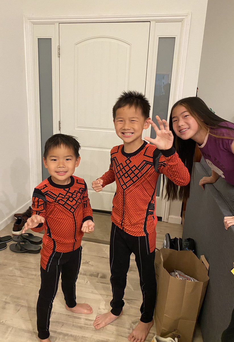 Noriceforyou's tweet photo. @SimuLiu kids finally able to wear the Shang-Chi PJs since it’s colder now.  Can’t wait to rewatch the movie for the 5th time on @disneyplus.  #shangchi #MCU https://t.co/igyfz13R0Z