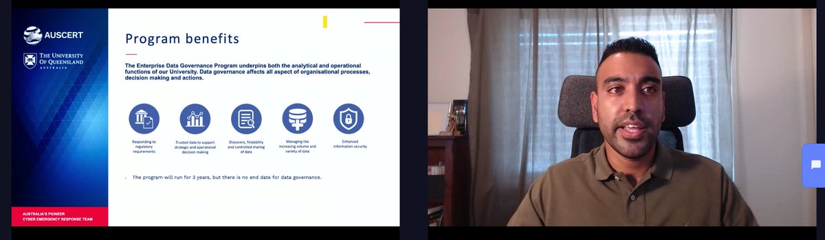 AusCERT's tweet photo. Sasenka repping team AusCERT at the AHECS Cybersecurity Summit 2021 - explaining why data governance is essential to cyber security #ahecs https://t.co/xNFTfEAdpb