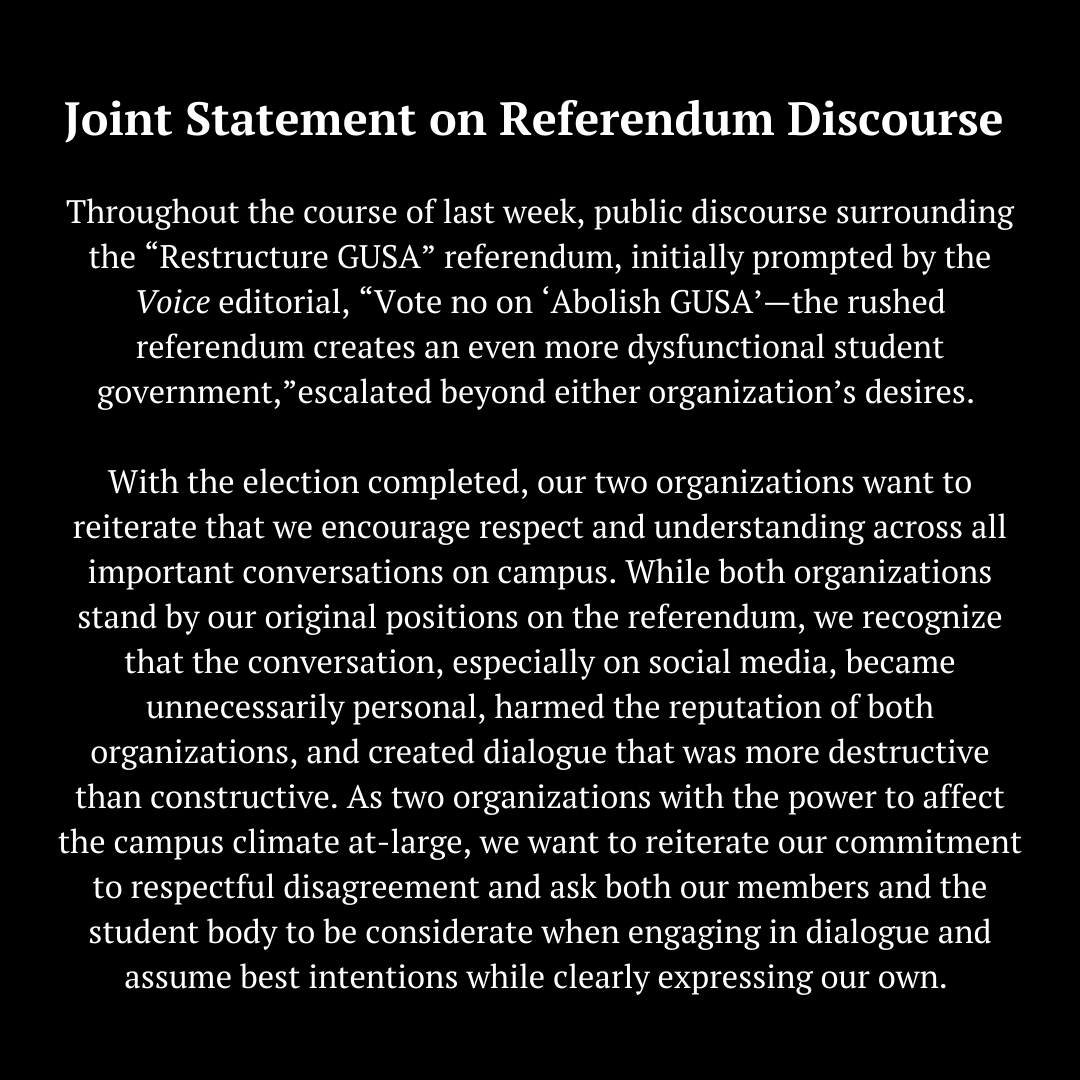 GtownVoice's tweet photo. A joint statement from GUSA and the Voice regarding referendum discourse. https://t.co/cJhmdCjvVx
