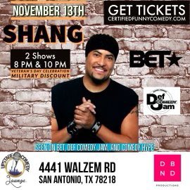 DBNDPRODUCTIONS's tweet photo. Comedian SHANG will be here this Saturday November 13 for 2 Shows 8pm &amp; https://t.co/3tjnxFN25i start at $20.  Hope to see some of you there! ♏️ Scorpio’s get in free with a party of 3 plus Veteran’s Discount in appreciation for their service 🇺🇸. https://t.co/Mt2qnPKNUN