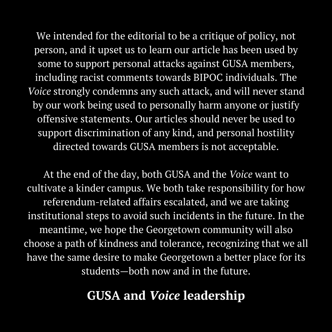 A joint statement from GUSA and the Voice regarding referendum discourse.