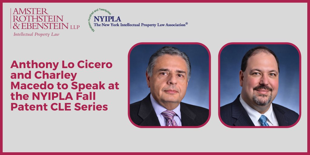 AmsterRothstein's tweet photo. On 11/9 and 11/16, managing partner Anthony Lo Cicero and partner Charley Macedo will each be featured speakers at the @NYIPLA Fall Patent CLE Series.

Learn more and register: https://t.co/1J4PUNXKAr

#patentlaw #intellectualpropertylaw #patentlitigation https://t.co/twQ5snr8hX