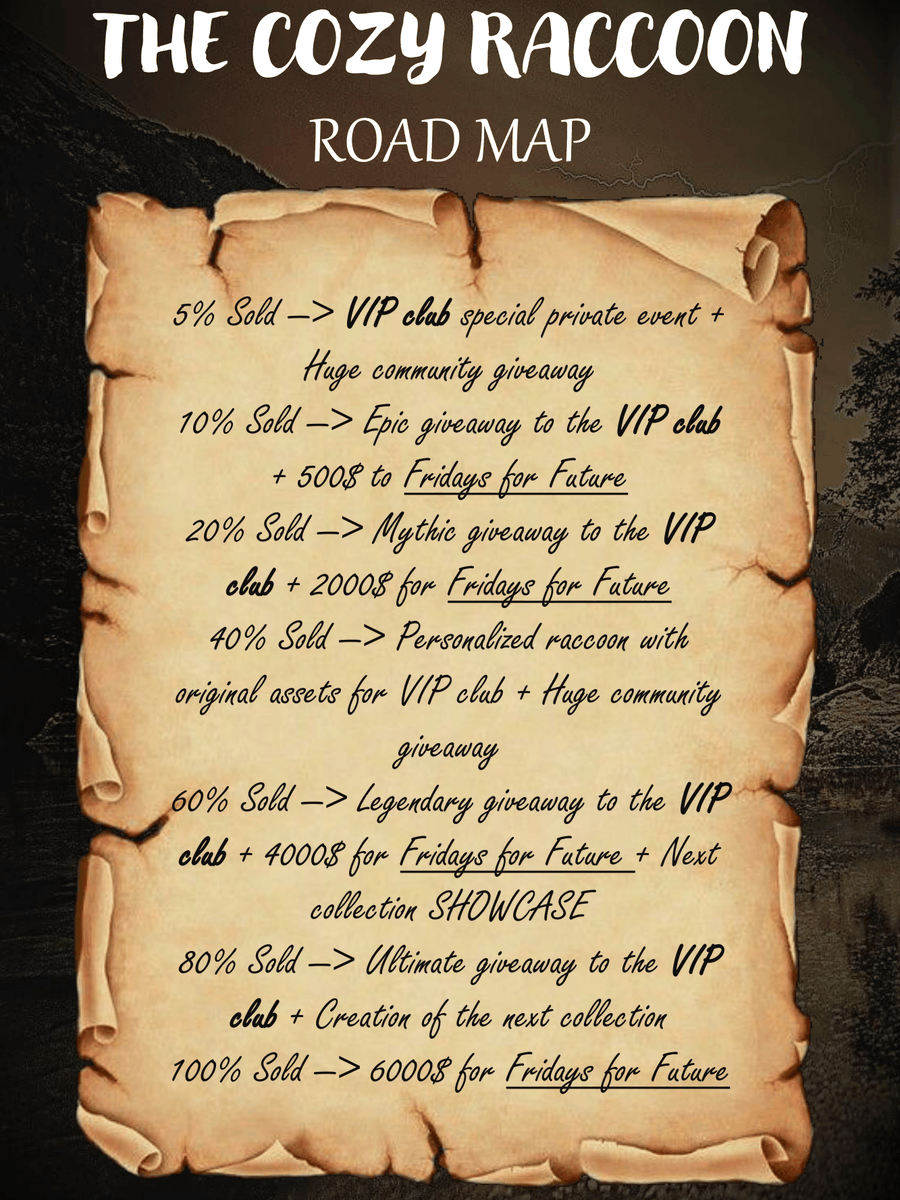 CozyRaccoonNFT's tweet photo. Here's our new official #roadmap🔥!! Our raccoons know where they are going, they take this seriously! We’ll make sure to update you along the road. Hope you are excited as we are! Access to the vip club comes with the purchase of a raccoon⚡ #nft #fridayforfuture #nftcollector https://t.co/5Np7Q52Uwv