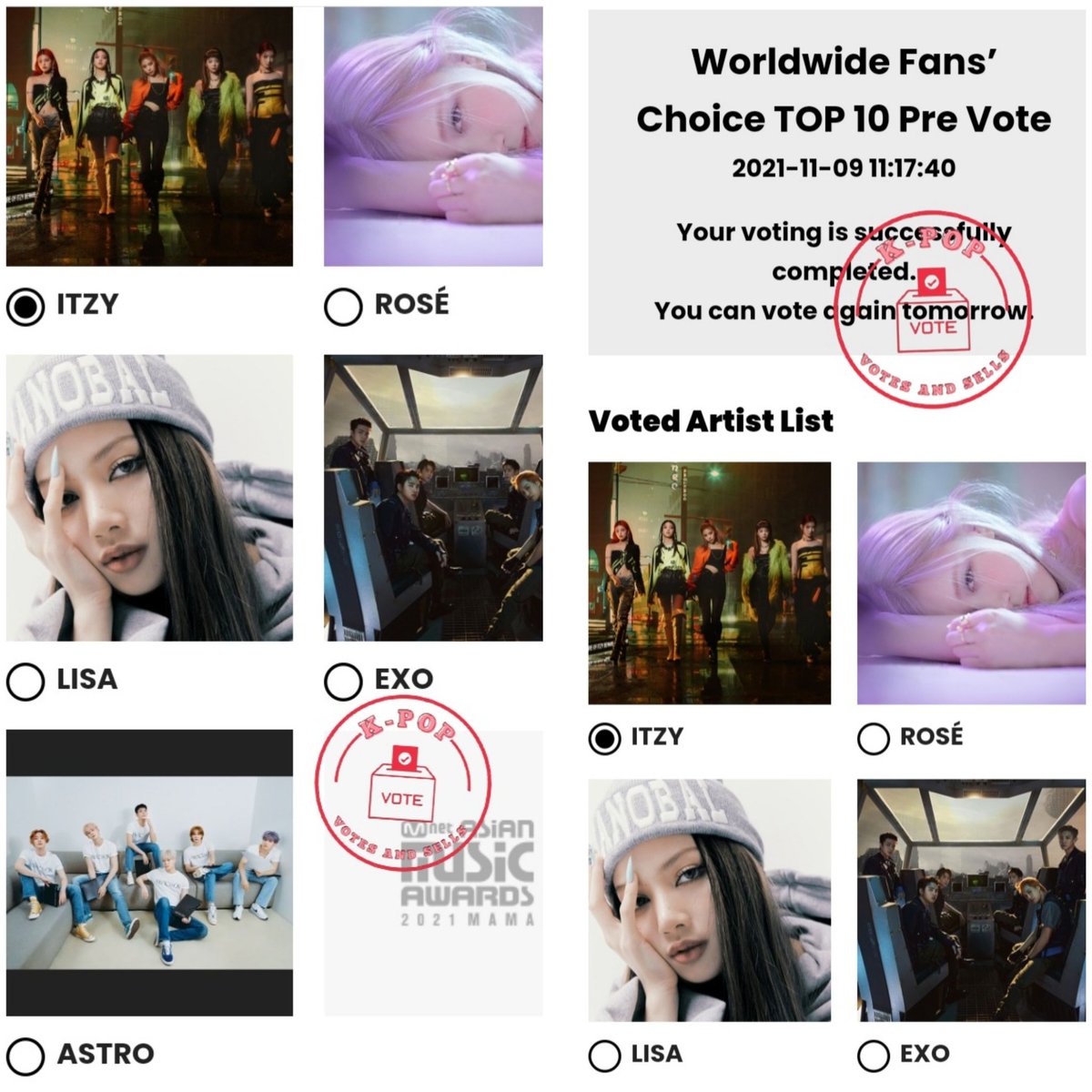 KpvtsUpdates's tweet photo. [MAMA 2021]
World Fan's Choice Top 10

5 HOURS DEAL🤝
FREE VOTE 🗳 WINNERS!

Congratulations🎉

#mamamoo
#fromis_9
#STAYC
#Iu
#monta_x
#gidle
#itzy
#rose
#lisa
#exo
#astro
#theboyz
#ateez
#nct127
#nctdream
#straykids

Like❤
RT🔃
Follow✅

#2021MAMA
#MAMAVOTE2021 https://t.co/zF13LmlC4R