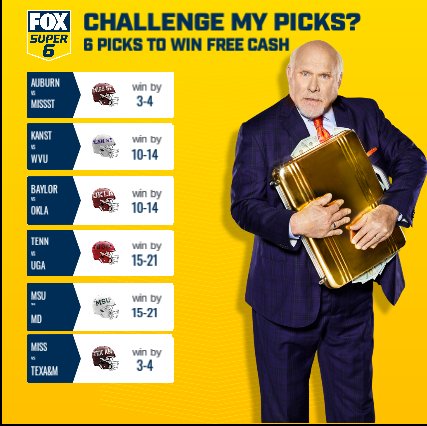 Terry's 💰💰💰 Always fun to play!
Free to everyone...
BOOM! These are my picks I just made on @foxsuper6 ! Can you beat me for a chance to win free cash? foxsuper6.onelink.me/y0bF/e46a6e6b