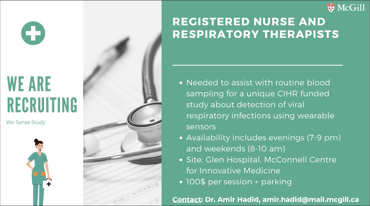 🩸Please RT🩸: We are looking for Nurses and/or Respiratory Therapists in the #Montreal area to help draw venous blood🩸from research study volunteers @OPIQinh @OIIQ @FIQSante @McgillNursing #Nurse #RespiratoryTherapist