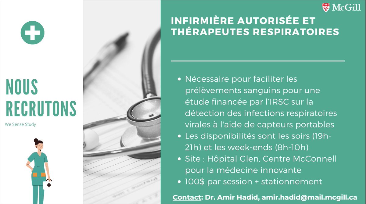 🩸Please RT🩸 : Nous recherchons des infirmières et/ou des thérapeutes respiratoires dans la région de #Montréal pour aider à prélever du sang veineux🩸de volontaires d'études de recherche @OPIQinh @OIIQ @FIQSante @McgillNursing #Nurse #RespiratoryTherapist