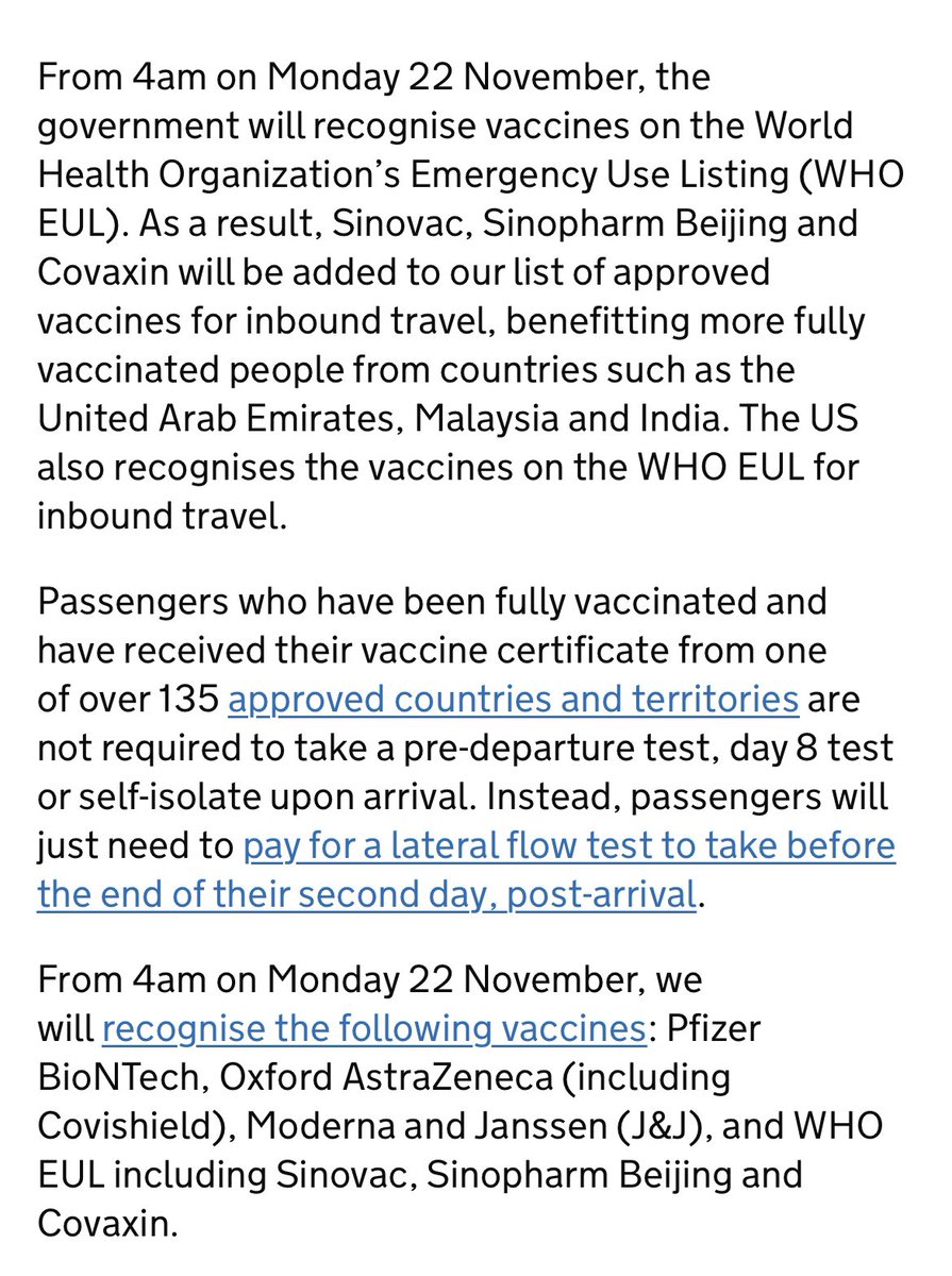 ayshardzn's tweet photo. Those vaccinated with Sinovac are now considered fully vaccinated in England. All 3 main vaccines (Pfizer, AZ, Sinovac) used in Malaysia are now recognised there. 

From 22 Nov if you go to London you don’t need to do pre-departure test or quarantine. 🏴󠁧󠁢󠁥󠁮󠁧󠁿 https://t.co/uaPyGtuEnx https://t.co/Aq7GsJ1J8B