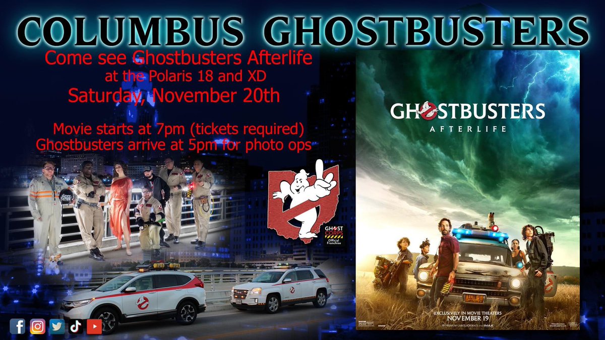 columbusgb's tweet photo. Imagine seeing Ghostbusters Afterlife on opening weekend and seeing it with Ghostbusters in attendance. We will be at the Polaris 18 and XD on SATURDAY, NOVEMBER 20th for the 7PM screening. Before the movie, we will arrive at 5pm for photo ops with Ectos. Ticket for 7pm required https://t.co/RabLEUPnAX