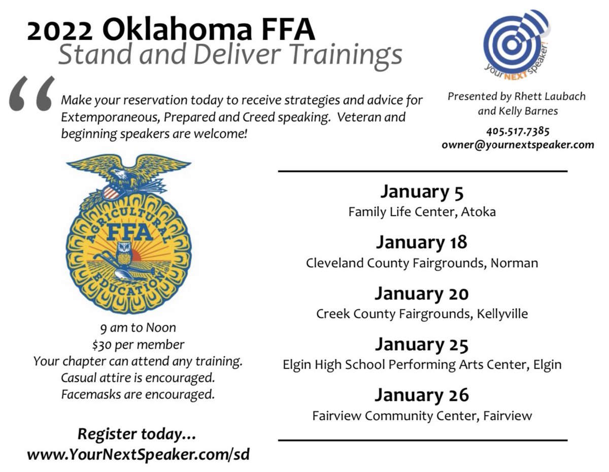 The dates and locations have been set for the five 2022 <a href="/OKFFA/">Oklahoma FFA</a> Stand and Deliver trainings. Click on the link below to view the details and to register your students today. We trained 300+ students in January 2021 and expect even more in January 2022. 

yournextspeaker.com/sd