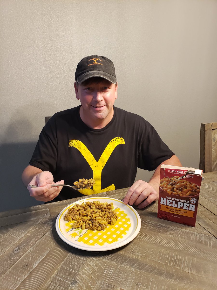 Al_L_11's tweet photo. We had Hamburger Helper (made with hamburger, not tuna) tonight in honor of the unbelievably awesome Season Premier of @Yellowstone .  My wife had some kid here eating it, but I ran him off. Do you want any @colehauser or @FinnLittleActor ? https://t.co/qNvWKxt7xl