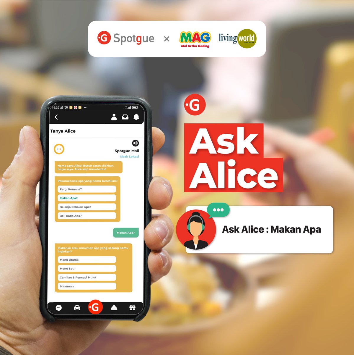 SpotgueOfficial's tweet photo. Alice siap membantumu! 👩 Mau tahu bagaimana rasanya memiliki personal assistant selama di Mall? Download &amp; coba fitur Ask Alice di aplikasi Spotgue! ✨

Rasakan pengalaman Cara Baru Ngemall 4.0 melalui aplikasi Spotgue! https://t.co/p6l72GlREe