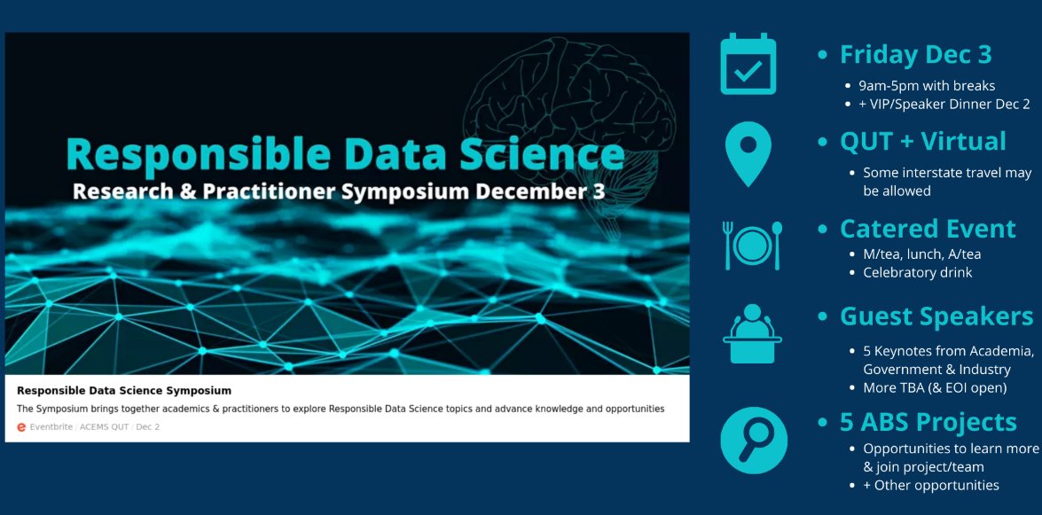 QUTDataScience's tweet photo. 📢Announcing the Responsible Data Science Symposium. This event will bring together academics & practitioners to explore Responsible Data Science topics and advance knowledge & opportunities.
https://t.co/kkqbFFoSKD
#DataScience #QUTCDS #ABS https://t.co/5xCBW0kzbk