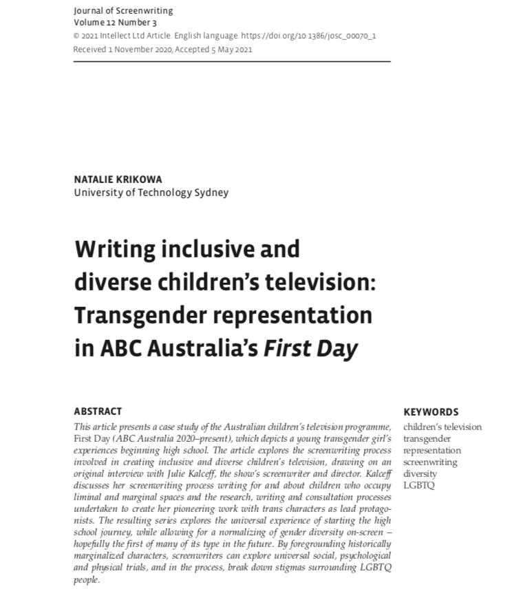 nataliekrikowa's tweet photo. Thrilled that my #journalofscreenwriting article on @epicfilmsAUS’ ‘First Day’, based on an interview with wr/dr @JulieKalceff is published. To learn more about Julie’s writing process and how we can write diverse children’s TV check out the article here: https://t.co/lLVioW3ezs https://t.co/JS6nKUkmpL