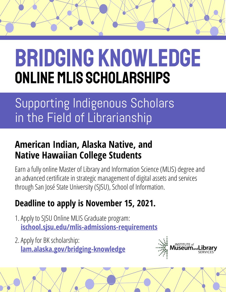 SJSUiSchool's tweet photo. The Bridging Knowledge program staff and SJSU iSchool Student Services invite you to apply for the IMLS-funded scholarship opportunity! Learn more: https://t.co/K9KESYYrUB

#SJSULIS #SJSU #iSchool #scholarship #IndigenousScholars #IndigenousScholarship https://t.co/gNtJH0HXDy