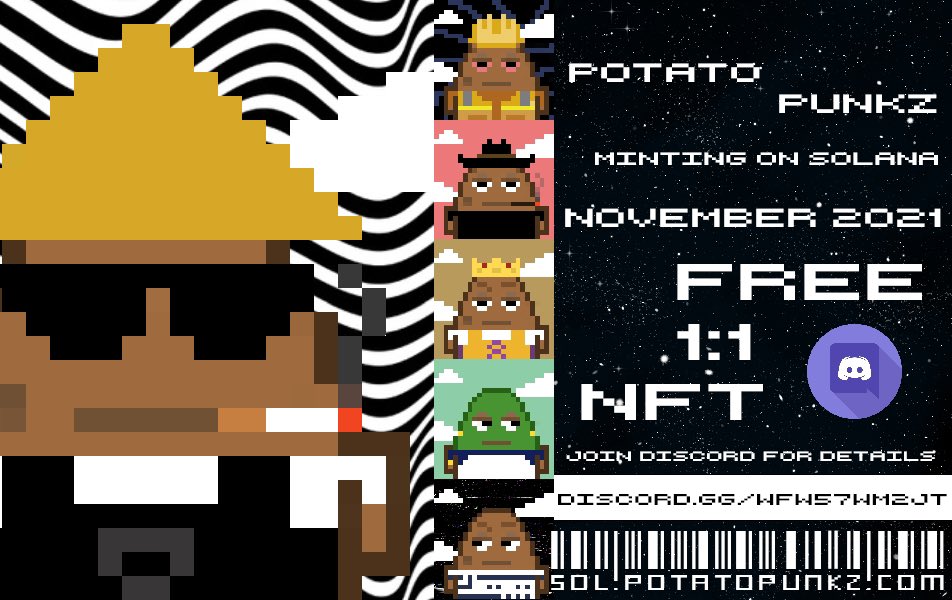 WranglerSpud's tweet photo. POTATO PUNKZ
1:1 NFT Giveaway OPEN
Join our Discord to enter!
#NFTGiveaway #NFT #Solana #NFTCommunity #NFTGiveaways #NFTs #FreeNFT #NFTcollectibles 
https://t.co/GO4r1xuxeG https://t.co/q4mQHkR3F4