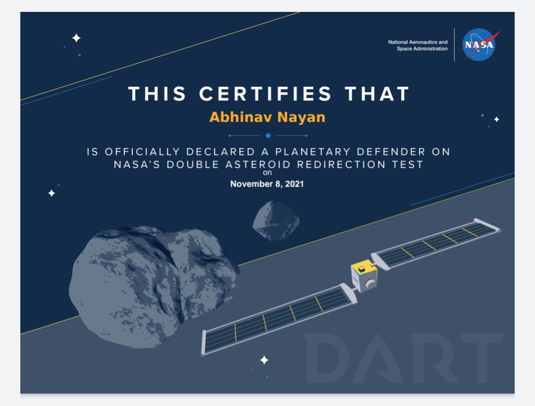 abhinavnayan_'s tweet photo. I just got my Planetary Defender badge! Get yours at https://t.co/Qedc95UAd5. Support the DART mission, and the Planetary Defense Coordination Office (PDCO  by taking this short quiz. If you pass, you become a planetary defender!🛸🚀

#PlanetaryDefender 
#DARTMission #NASA https://t.co/BxepIqOB1M