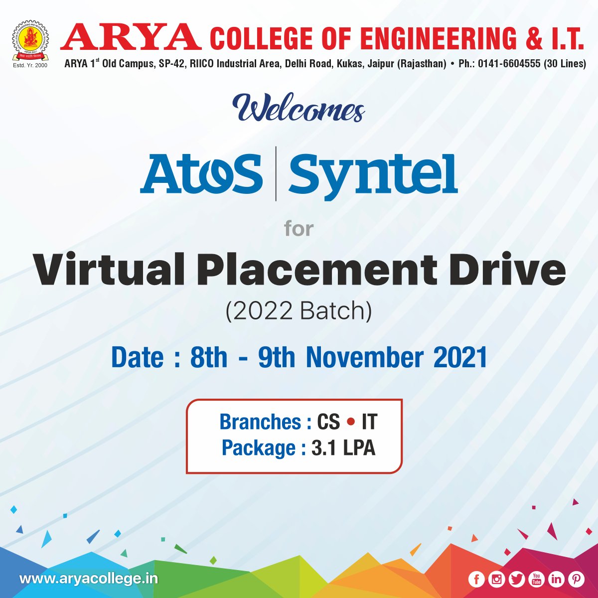 aryacolleges's tweet photo. #AryaCollege welcomes @atos_syntel for #VirtualPlacementDrive 2022 Batch on 9th Nov 2021 at #Arya1stOldCampus.
Arya College wishes all the very best to the students appearing in the #PlacementDrive2021.
#placement #placementdrive #placements2021 #aryaplacements https://t.co/e1rPiiDeF9