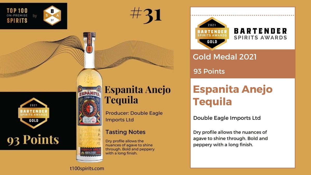 Espanita Anejo Tequila by #DoubleEagleImports Ltd won a #goldmedal at the 2021 <a href="/BartenderAwards/">Bartender Spirits Awards</a> and was placed at no. 31 in the <a href="/Top100SpiritBSA/">Top 100 On Premise Spirits</a> list!⠀⠀

Congratulations to the entire team on this victory!

#tequila #cocktails #vodka #drinks #bar #gin