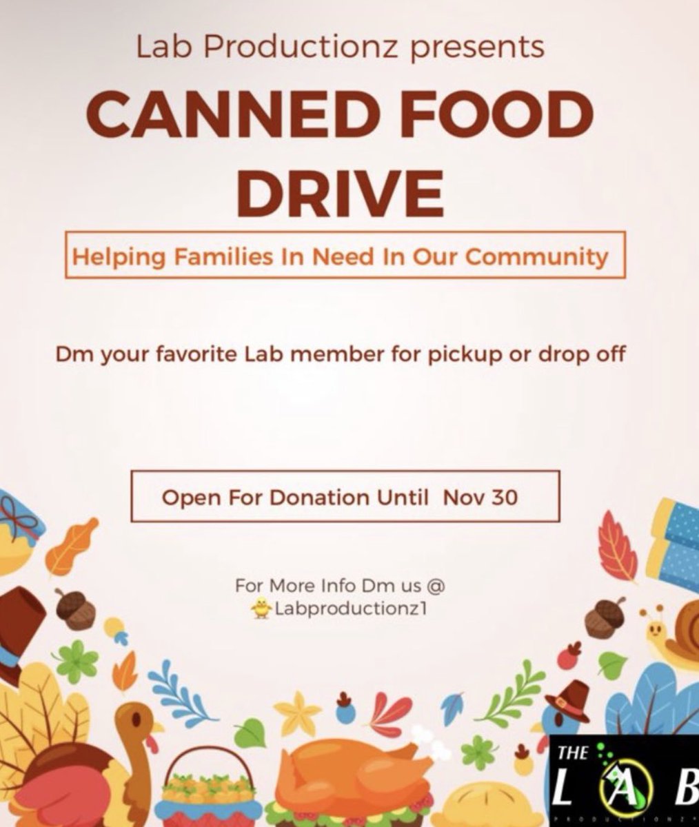 ___aaliyahhh's tweet image. #LabProductionz is back at it again 

Canned Food Drive Until Nov.30 🥫❤️
Please help us give back to the families in need.

Also, catch Us On The Yard Wednesday and pie your favorite member 🥧🥼 
11-1 
$1 for 1🥧
$3 for 4🥧