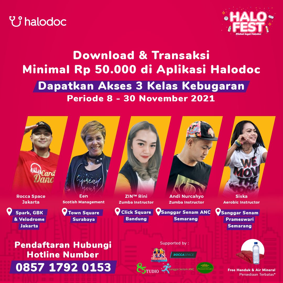 ckh_ent's tweet photo. Dalam memperingati Hari Kesehatan Nasional 2021 Halodoc menyelenggarakan offline activity "HaloFest" yang bekerjasama dengan beberapa pusat kebugaran di 4 Kota besar dan berlangsung pada 8 - 30 Nov 2021. Daftarkan diri kamu dengan menghubungi Hotline Number 0857-1792-0153 https://t.co/EjJkIbPToZ