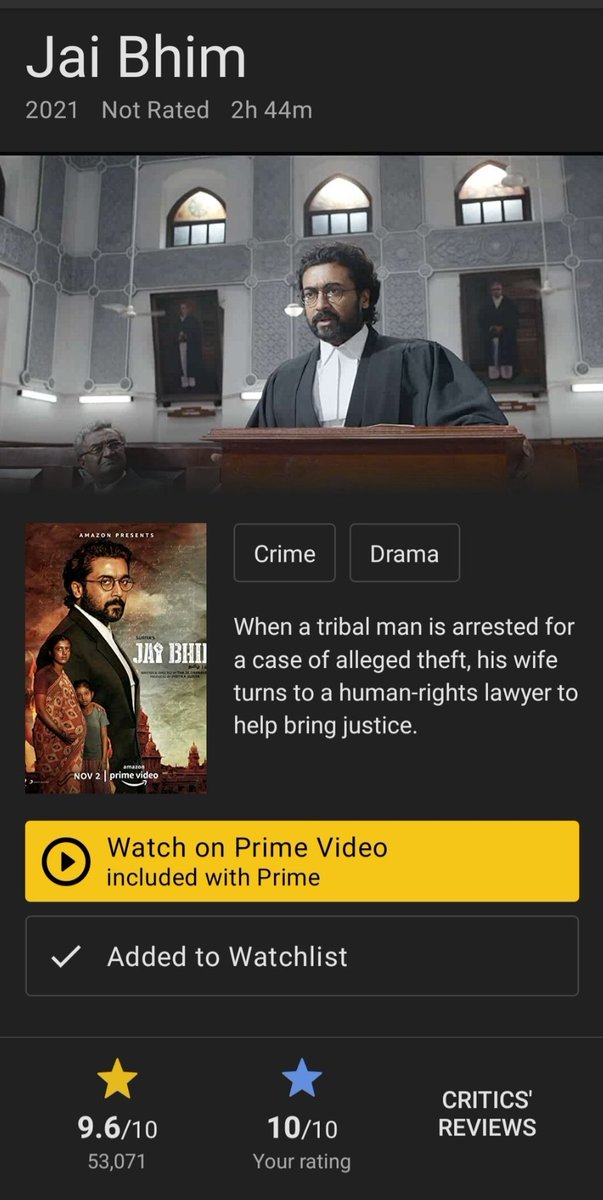 SPKBIKERIDER's tweet photo. 🔥Jai Bhim💪🏻🔥
53K+ Ratings &amp; 9.6/10 💪🏻(IMBD),
Million People's Of Tires Create a New Record 💪🤟
#JaiBhim #JaiBhimOnPrime
Ture Justice For People's ⚖🙏🏻

 Hats off to Jai Bhim Team🙏🏻@tjgnan @Suriya_offl @jose_lijomol
@ManiKabali @prakashraaj @PrimeVideoIN @2D_ENTPVTLTD https://t.co/jiqJ7Qgzme